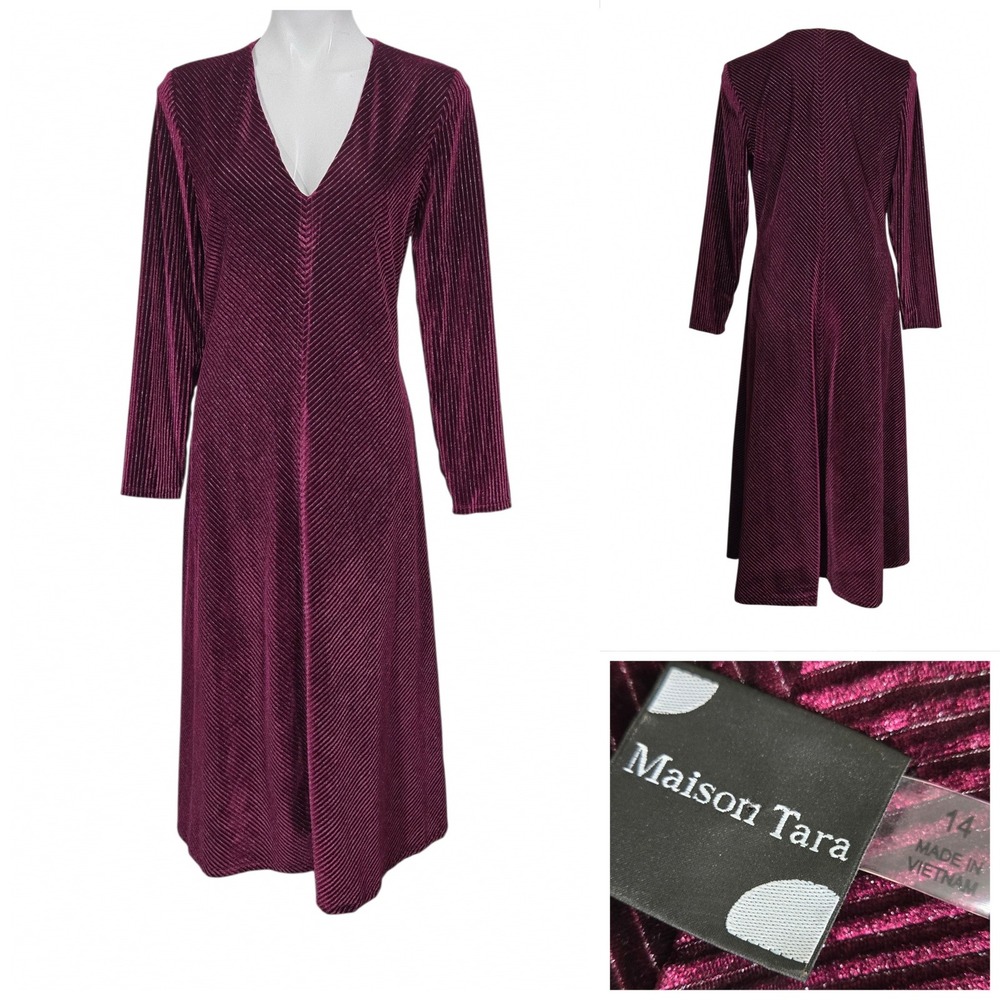 Maison Tara Burgundy Metallic Chevron Pleated V-Neck Midi Dress Long Sleeve 14